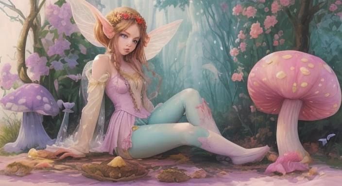 Fairy in Mushroom Garden Digital Illustration