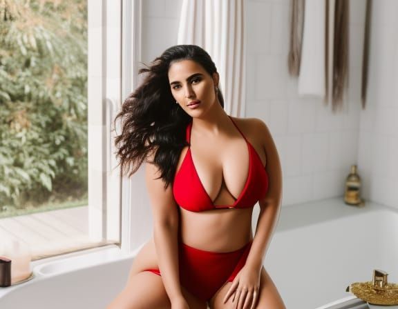 Beautiful curvy Middle Eastern girl in a red swimsuit sittin...