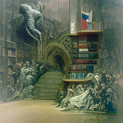 Corner of the library; in the style of Gustave Doré