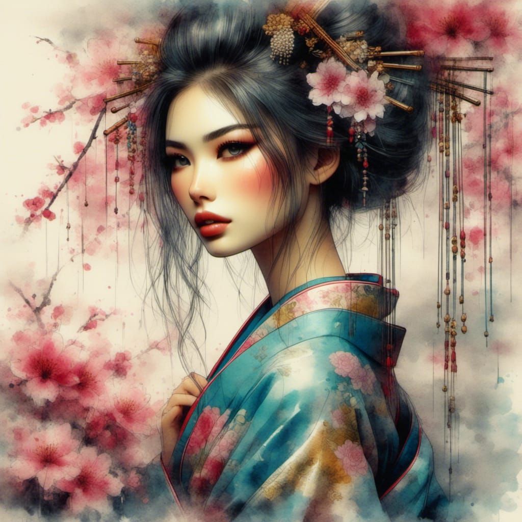 Beautiful Geisha in Oriental Scene as 3D Portrait