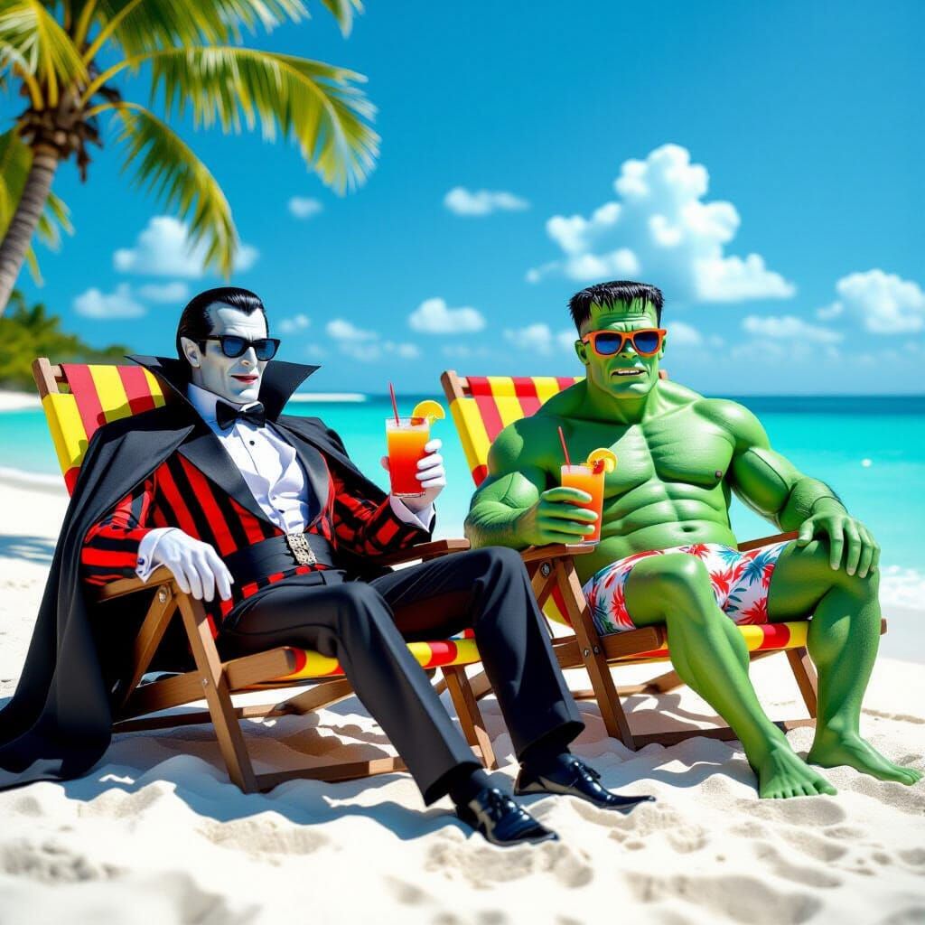 Photorealistic image of Dracula and Frankenstein sunning themselves on lounge chairs and drinking cocktails ...  by @Pura Vida Mother Trucker