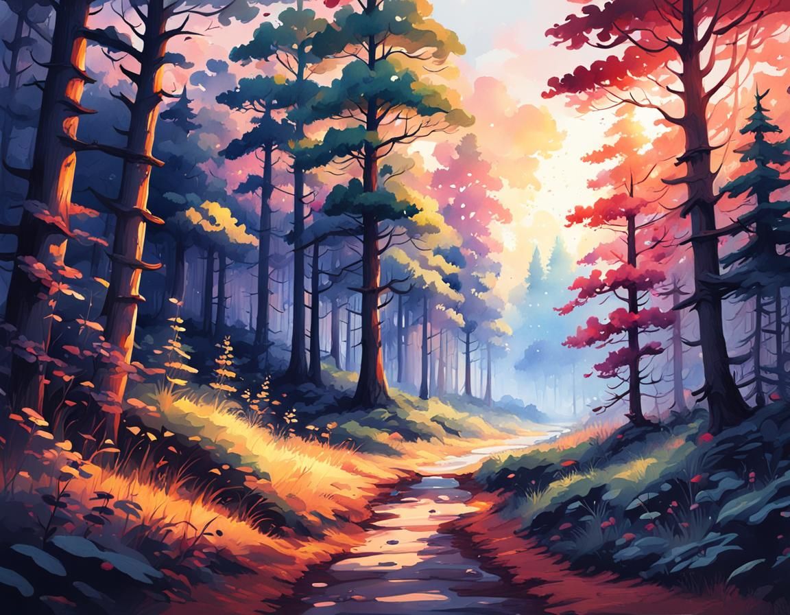 Forest Path Sunset Watercolor Painting