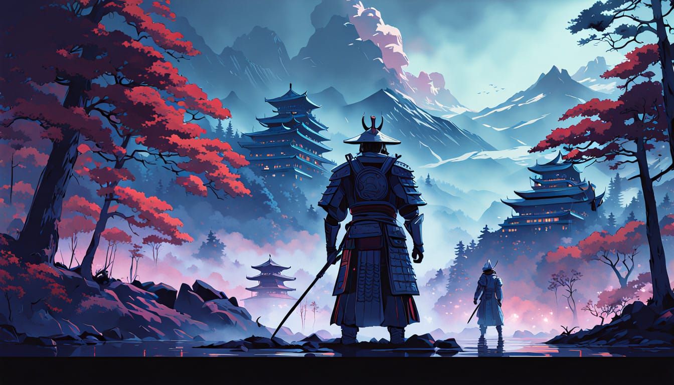 Majestic Daimyo Stand Amidst Ethereal Misty Landscape