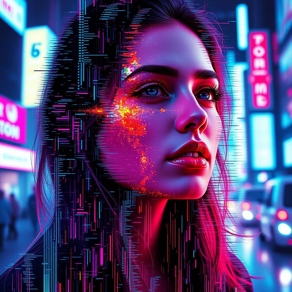 Glitching in a neon city   by @Victoria G