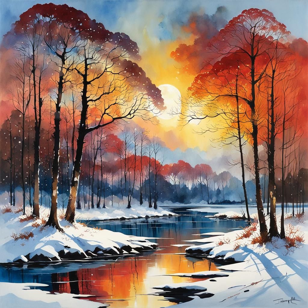 enchanted lake with reflections in the light of a coppery red winter sunset  by @Mapont