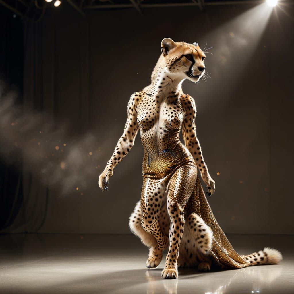 A glamorous anthropomorphic cheetah in a shimmering, iridescent gown, confidently strides down a high fashion runway, striking a pose as the...