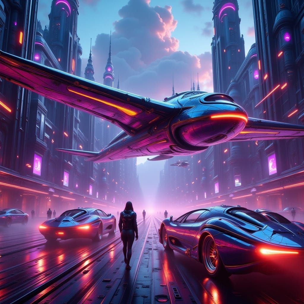 Futuristic Winged Being Soars Through Neon-Lit Metropolis in...