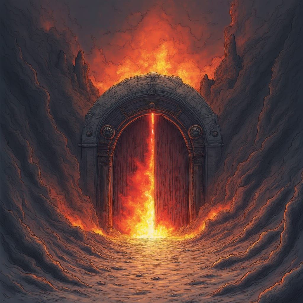 <lora:Void Fracture:1.0> a flaming door to hell