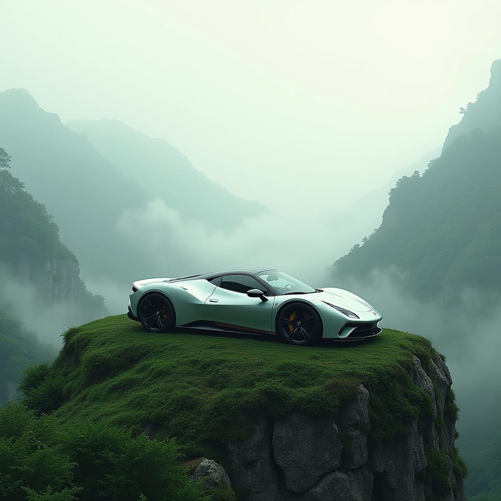 Sports Car on Misty Mountain Peak in Futuristic Style