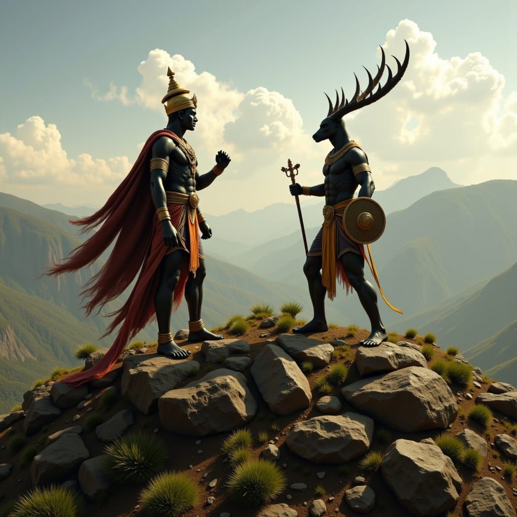 Hindu god Ganesha on the left, Egyptian god Anubis on the right, two great warriors meet on the crest of a mountain, green valley below, cin...