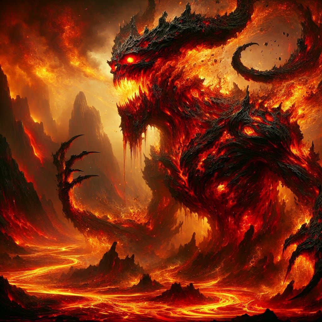 Fiery, towering Lava Demon, entire body composed of molten lava and flames, intense glowing red eyes, razor-sharp fangs and claws, its body...