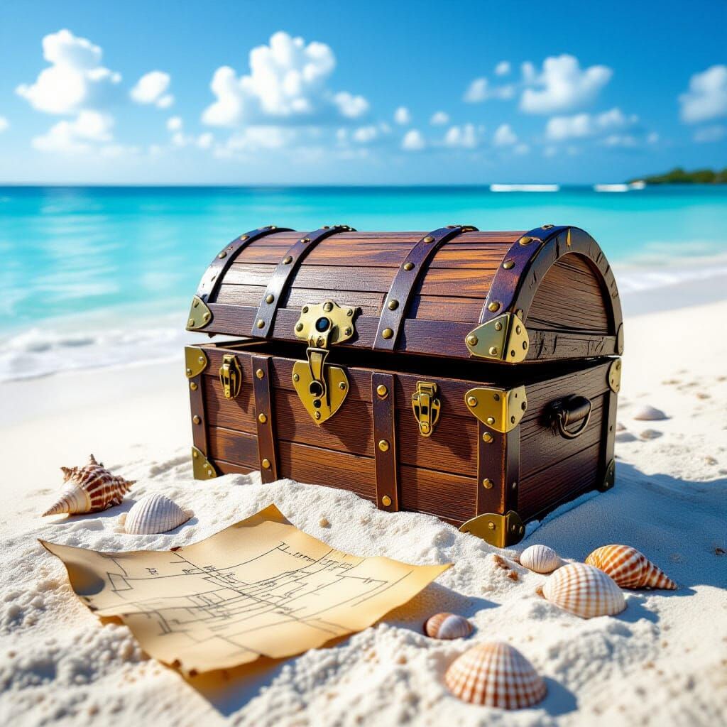 A weathered pirate chest half-buried in white sand on a deserted tropical beach, seashells and a torn ...  by @LaDonna 