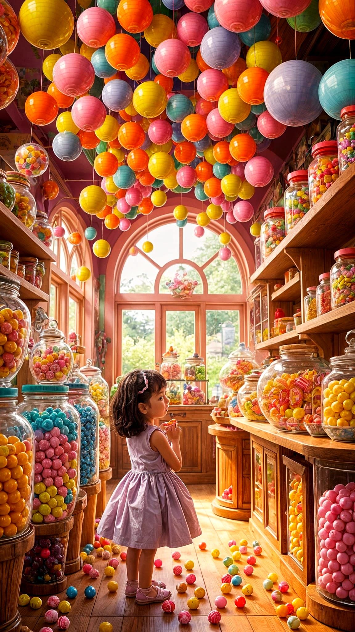 A vibrant, detailed illustration of a candy shop. 


The scene is a whimsical confectionery, filled with ...  by @Sara