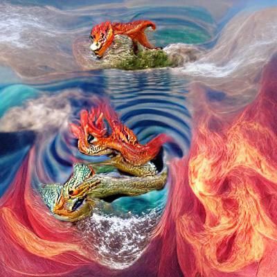 Majestic water and fire dragons in the fifth dimension