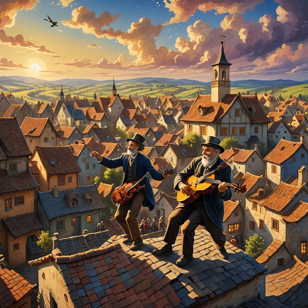 Fiddler on the Roof: Joyful Village Scene in Chagall Style