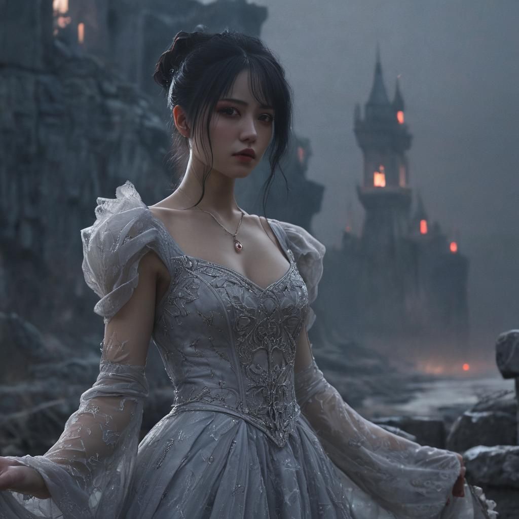 Mysterious Gothic Woman in Moonlit Landscape