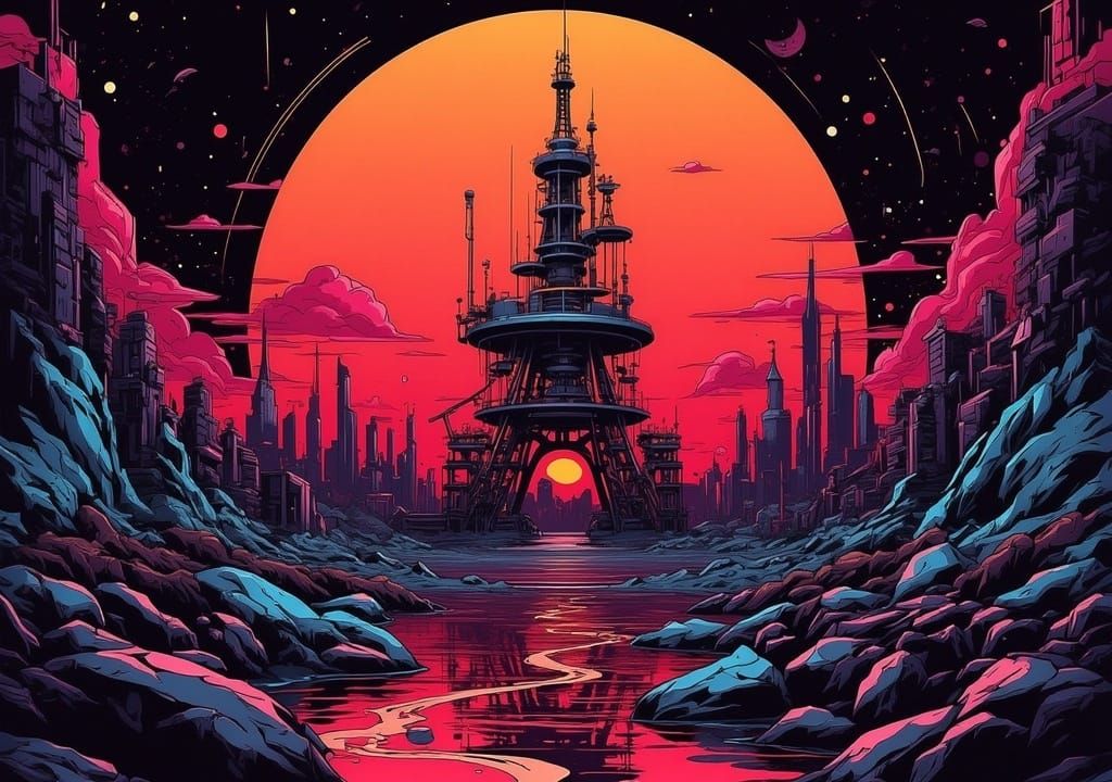 <lora:Gutterballfl:1.0>    Ink Linework Ornament Colored planetside scene of a cyber landscape and dystopian oil rig in front of a glowing r...