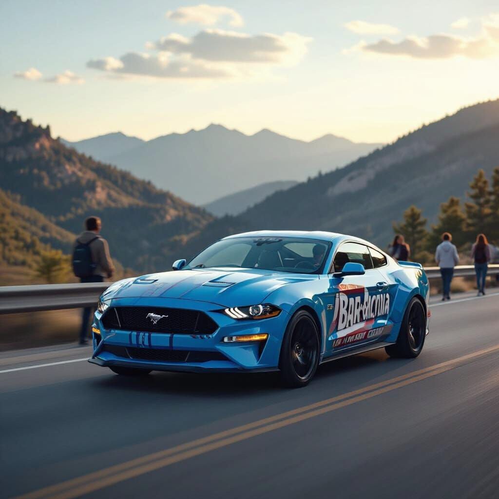 Ford Mustang with Barcelona Emblem on Scenic Drive