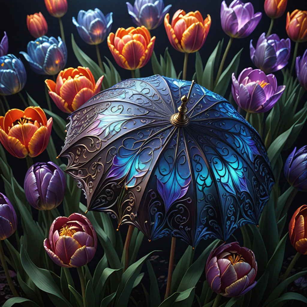 An umbrella among tulips!  by @Tj