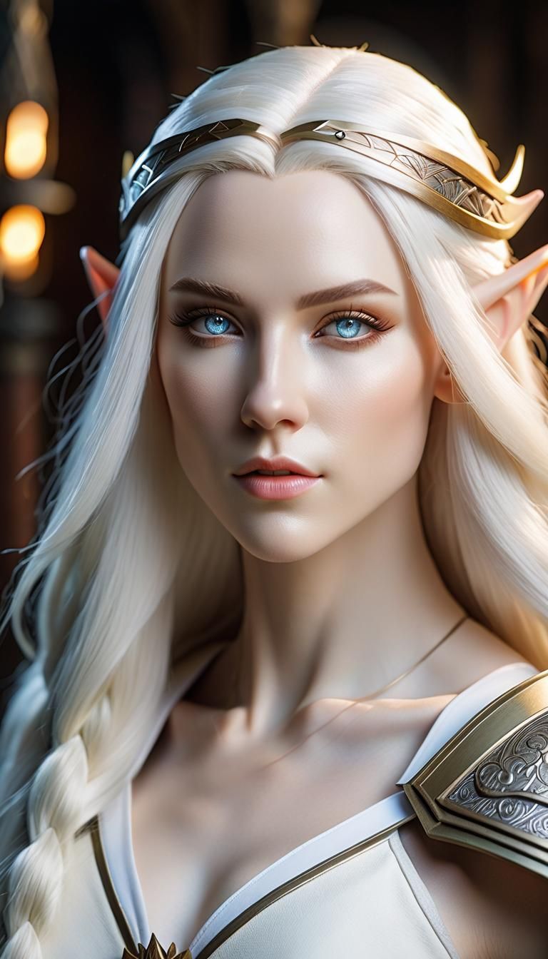 albino elven with white skin type, model appearance, archer, beautiful  detailed eyes, long hair, shoulder-length portrait, the room with scene...  - AI Generated Artwork - NightCafe Creator