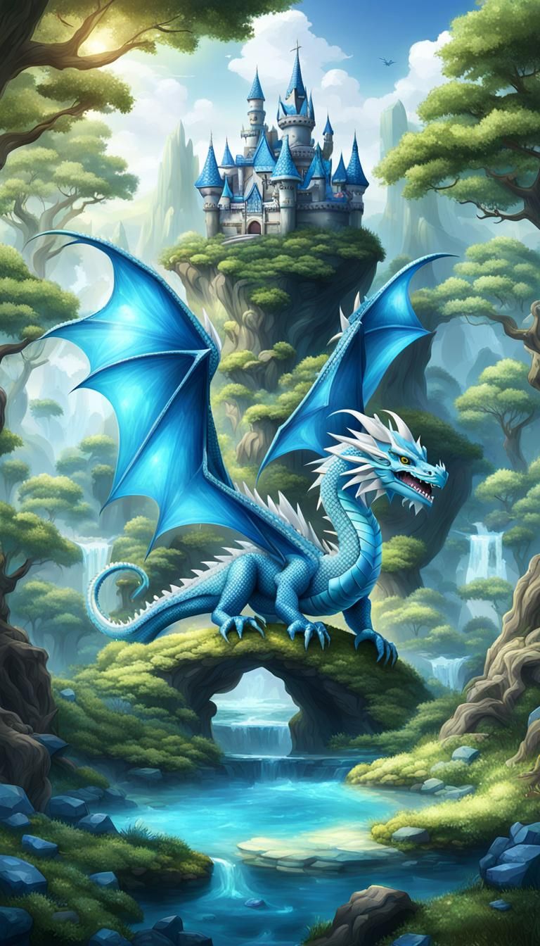 The crystal clear blue diamond dragon kingdom in a enchanting magical forest   by @Carrie David Parr 
