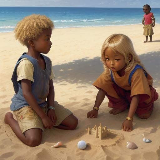 blond, african, and asian children playing with a sand castl...