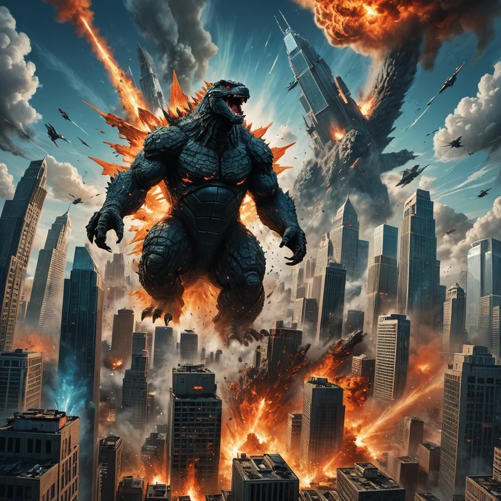 Godzilla in a massive fight in a populated city together with jets ...