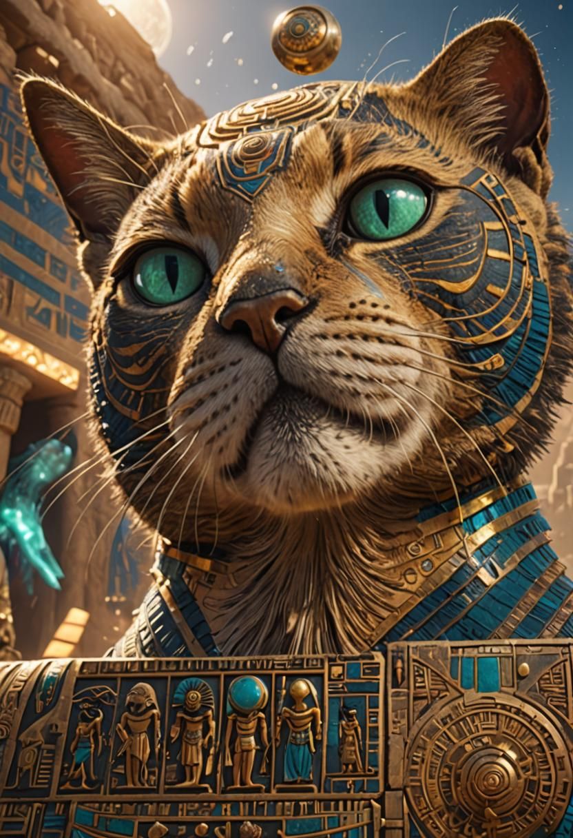 An alien cat God in front of a Stargate with fractal imagery spiraling into the distance and pyramids and spaceships all around