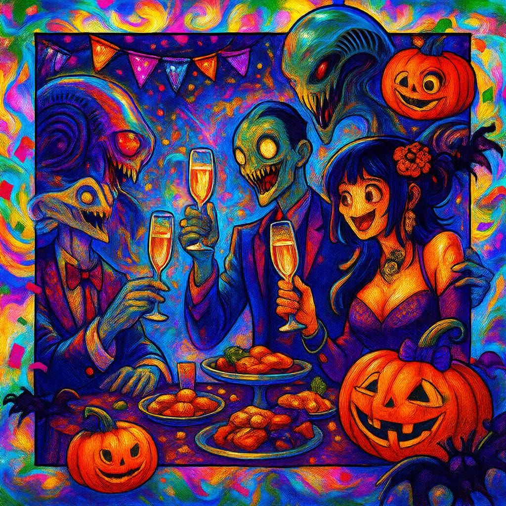 Morbidity and dark horror visions combined with cuteness and a happy festive mood. Scary monsters celebrate a spooky New Year's Eve party wi...