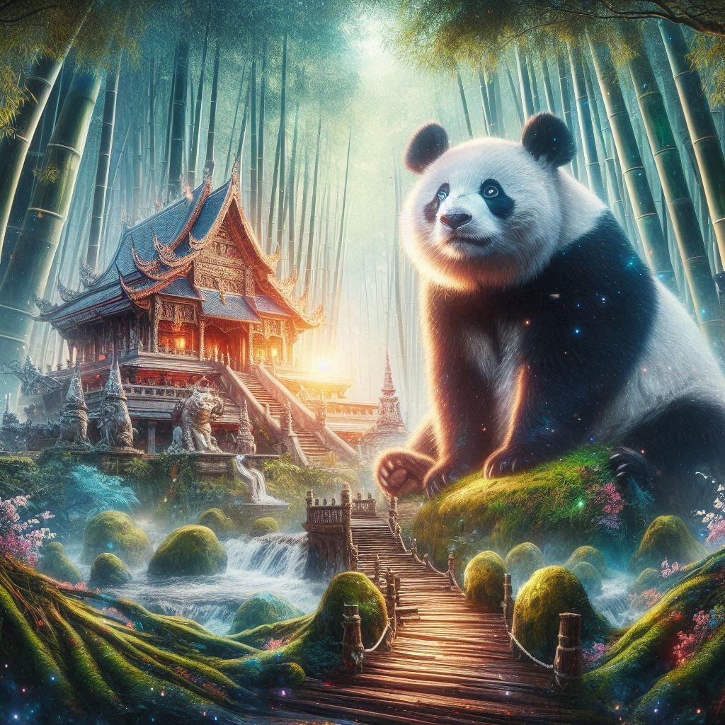 The Panda and The Temple Oil Painting  by @zephyrael