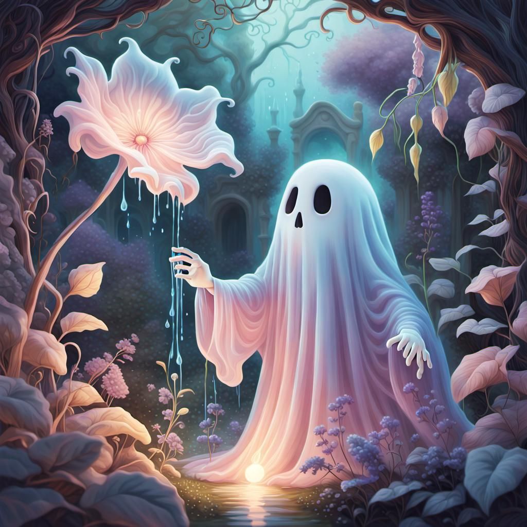 A cute, cuddly ghost, tending to his garden   by @undefined