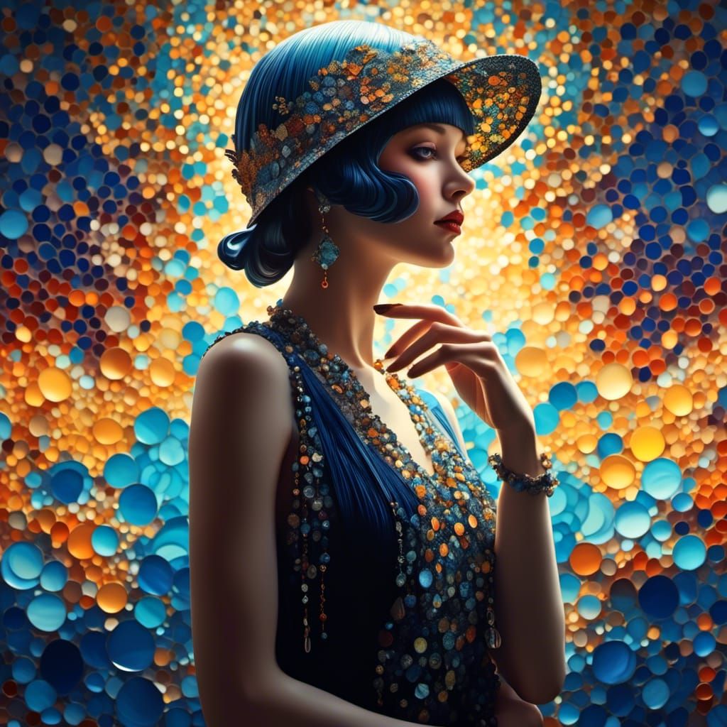 <lora:3D Liquid Fractal:1.0> A mosaic silhouette of a beautiful flapper woman , 3D, HDR, depth of field, ...  by @Rebelle