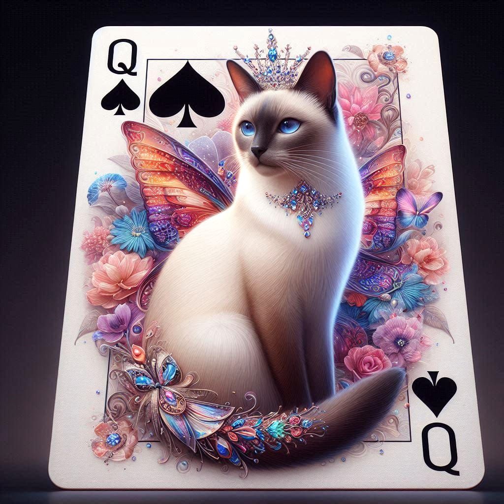 Playing card. Queen of spades Siamese cat.