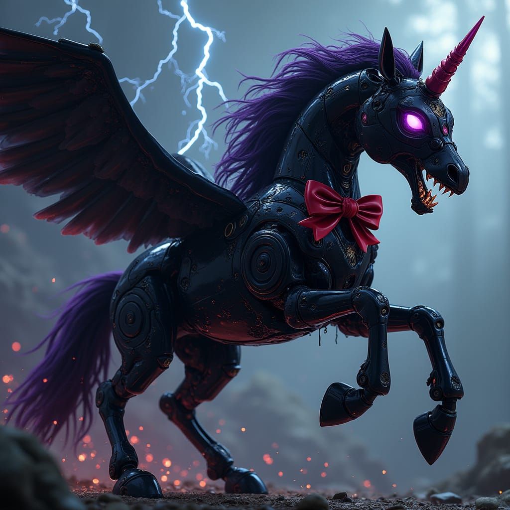 A black robotic pegasus with a red bowite and hat and sharp teeth with black and purple mane and purple eyes call him lightning :>