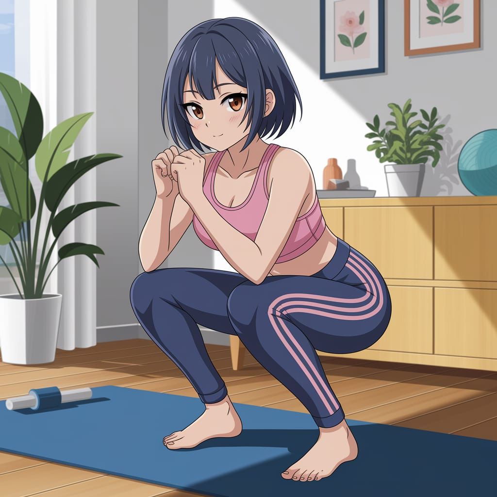 Anime Woman in Sakura Outfit Doing Squats