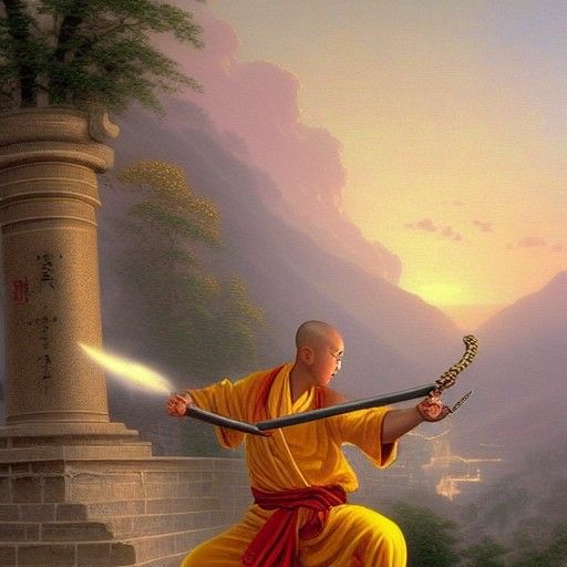 Shaolin monk fighting with baguettes on a chain