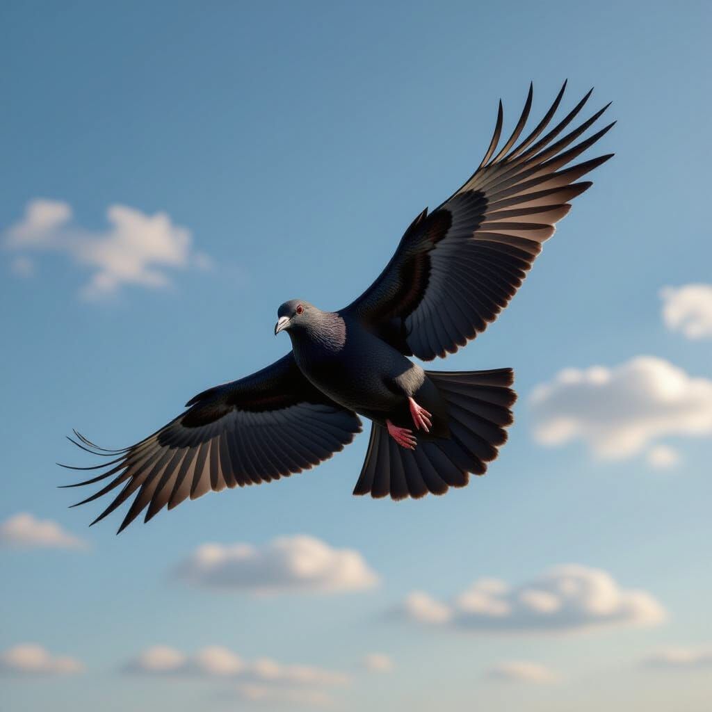 Black Dove Soars in Clear Blue Sky