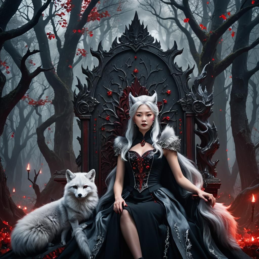 korean lady silver hair black dress red crystals white fox e...