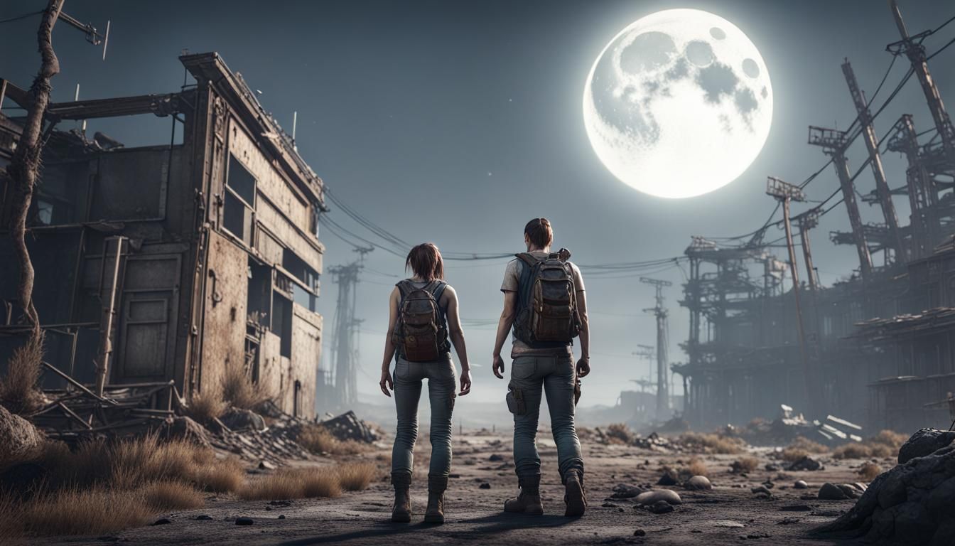A MAN AND  WOMAN IN A POST-APOCALYPTIC SETTING,
MOON,