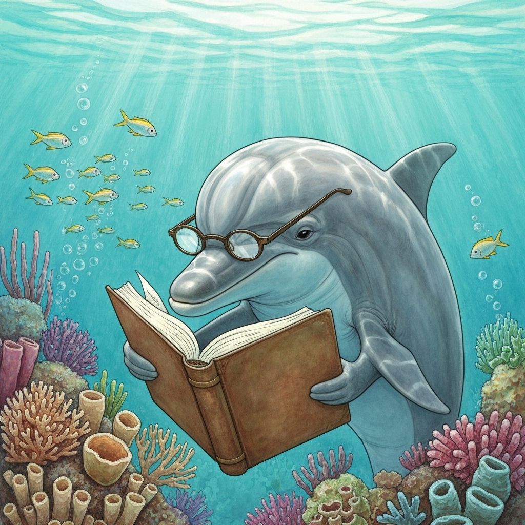 Wise Dolphin Reads Book in Coral Reef