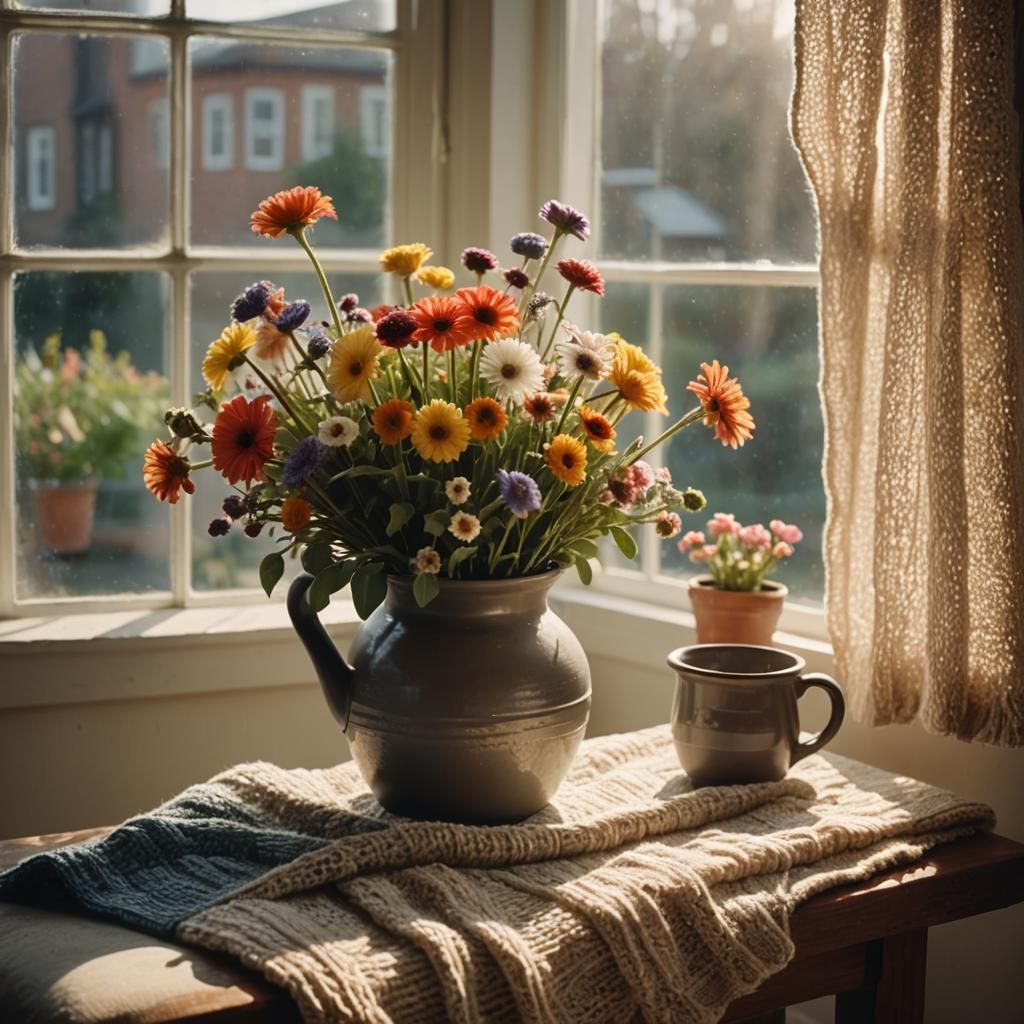 Cinematic Flowers on Windowsill with Warm Light