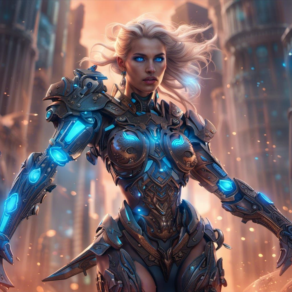 a cybernetic warrior female based on aphrodite, blue glowing...