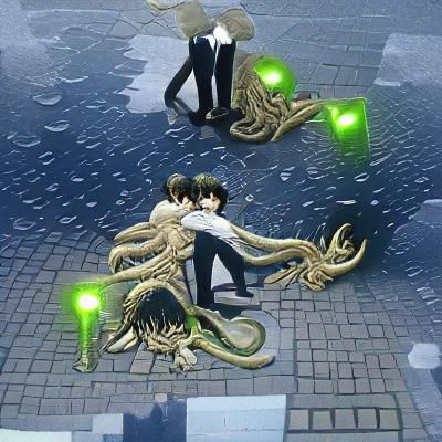 Cthulhu holding two men under his control while the world en...