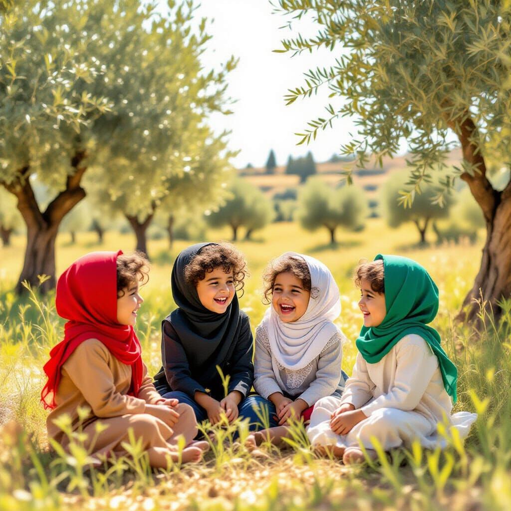 Palestinian Children Play in Sunlit Olive Grove
