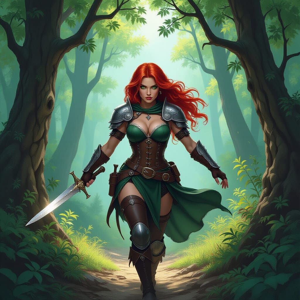 A red-haired rogue with a mischievous glint in her green eyes, clad in studded leather armor and wielding a gleaming dagger, navigates a tre...