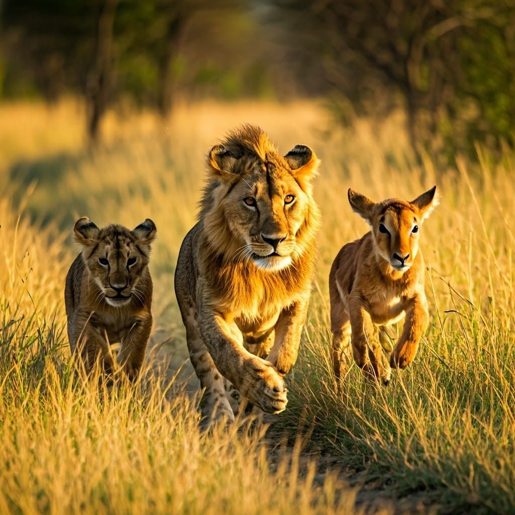 Majestic Lion and Cubs Pursue Impala in Sun-Drenched African...