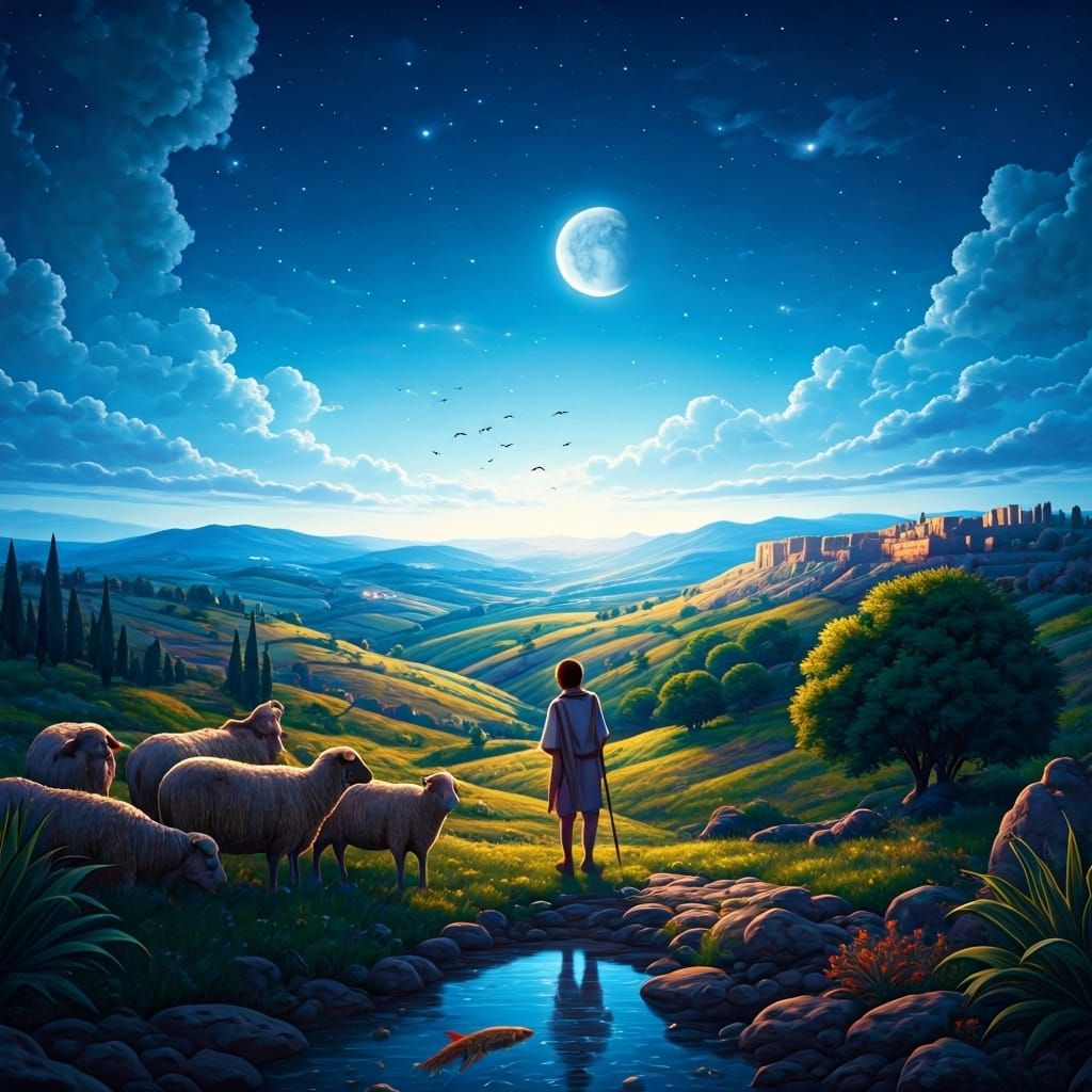Biblical Night Scene: Shepherd Boy Under Starry Sky
