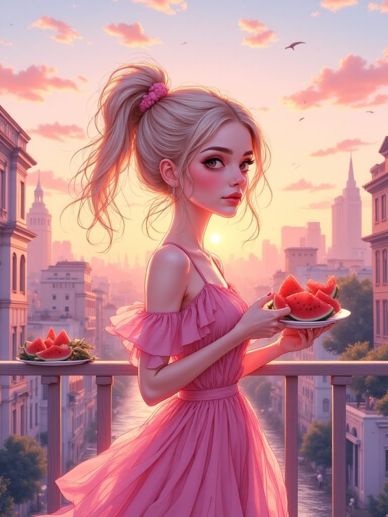 Sunset Serenity: Character Enjoys Watermelon on Balcony