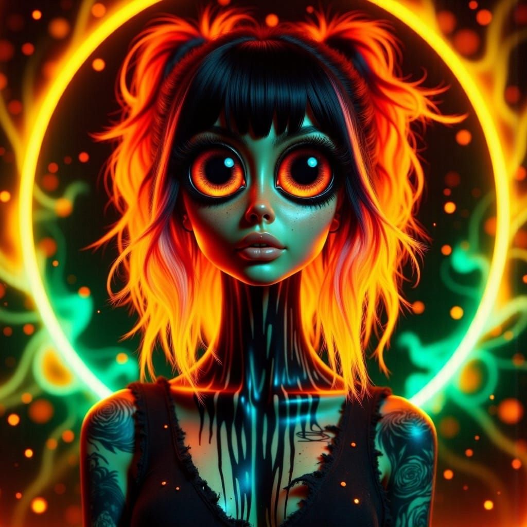 <lora:Abyssal Eclipse Eyes:1.0> Massive, bulging eyes that look real and resemble black holes, fiery blackhole plasma hair that flows like m...