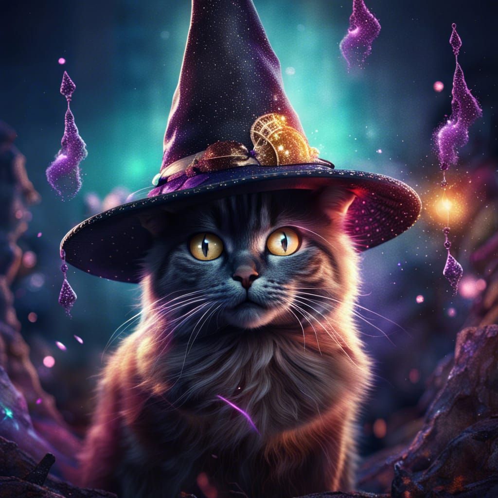 adorable witch cat wearing witch hat and glitter surrounding...